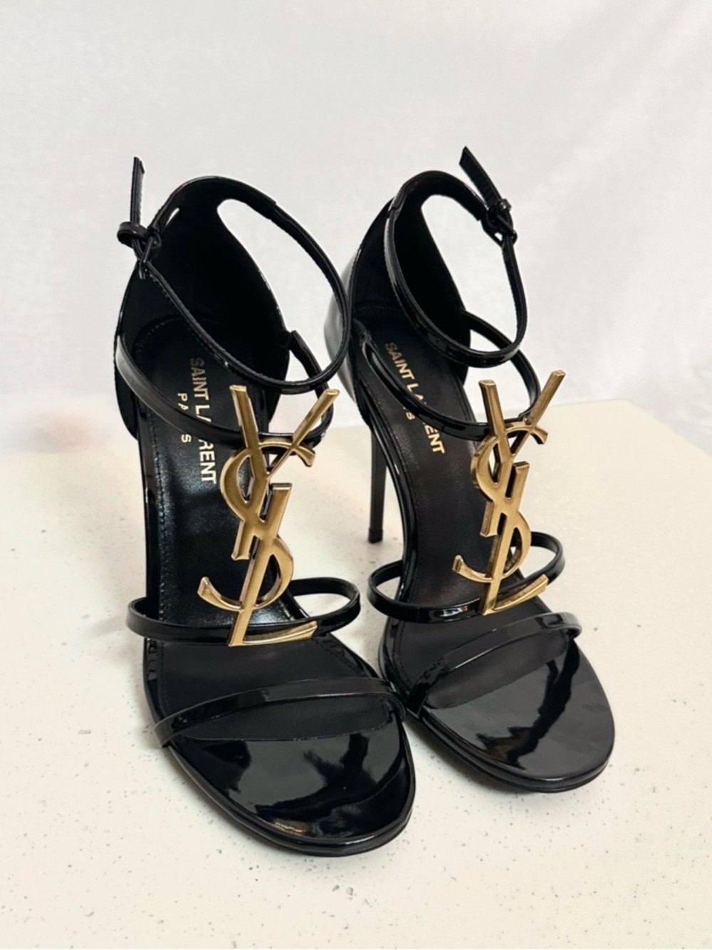 Saint Laurent Black Patent Leather YSL Logo Stiletto Sandals